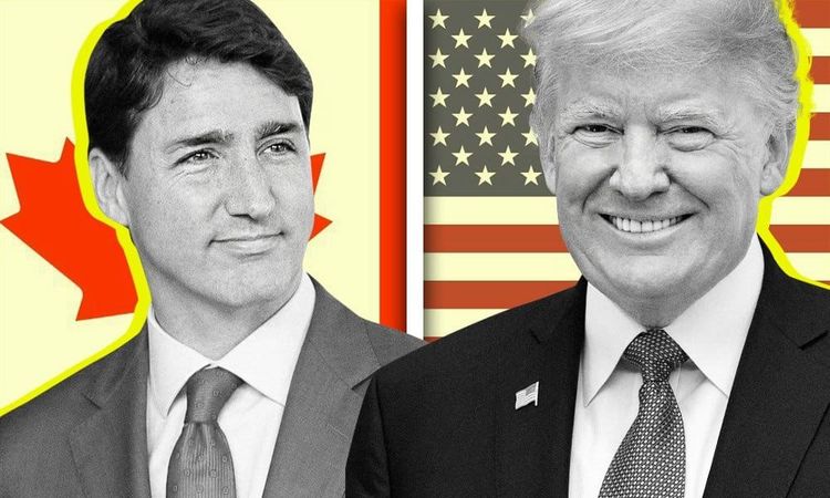 Justin Trudeau with Canadian flag and Donald Trump with American flag. Both grayscale portraits with yellow pop art outlines.