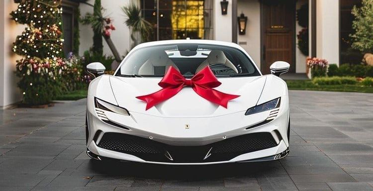 White Ferrari supercar with a large red bow on the hood, in front of a house with a Christmas tree.
