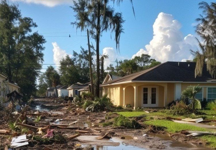 A muddy, debris-strewn street after a flood, with houses lining the road and a blue sky overhead.