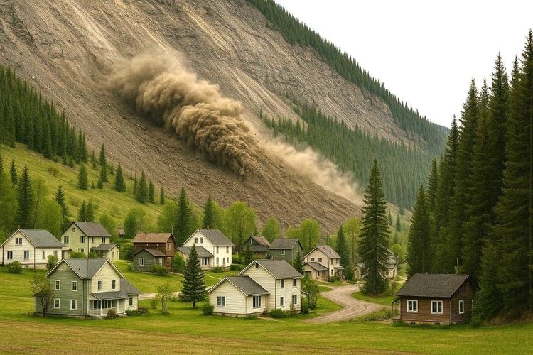 Large rockslide with thick dust descending a steep mountain above a village of houses.