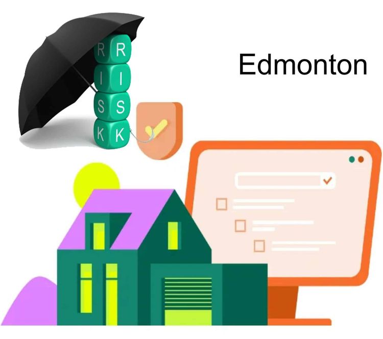 Edmonton home insurance/risk protection: umbrella over 'RISK' blocks, shield, house, online form.