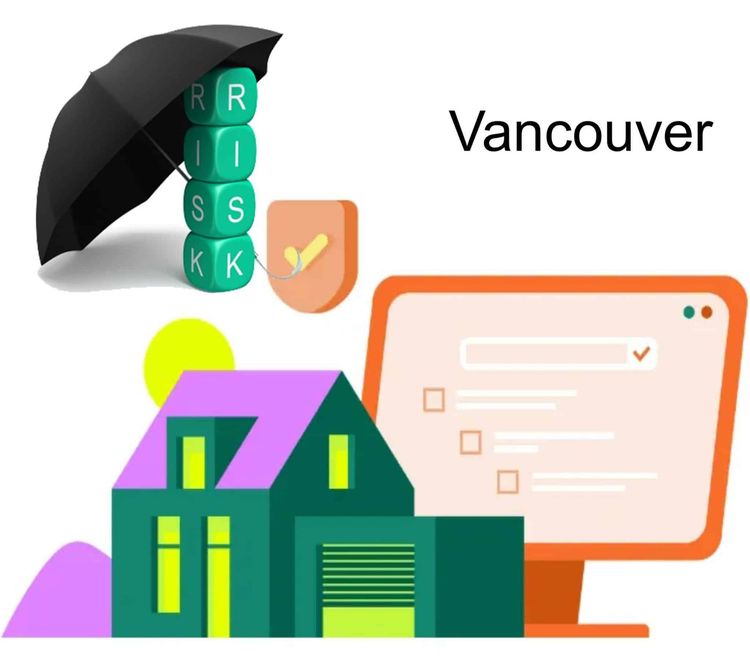Vancouver real estate insurance concept: umbrella over "RISK" blocks, shield, house, and computer form.