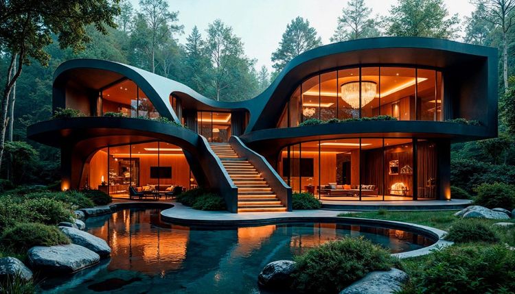 Organic-shaped modern house with dark, flowing exterior, glowing interiors, and a tranquil pool, surrounded by forest.