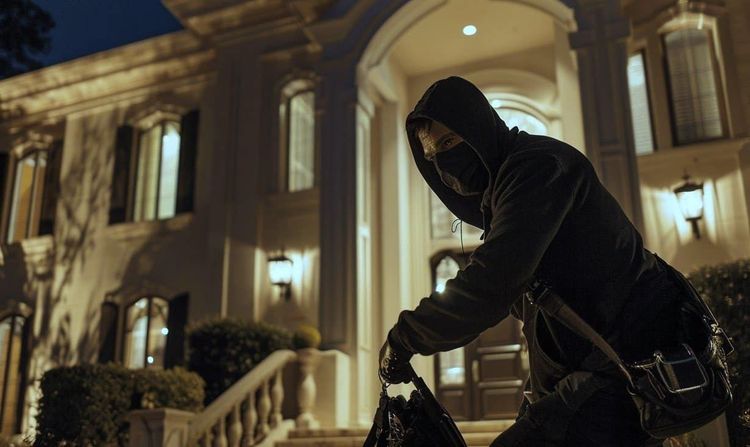 Burglar in dark hoodie & mask crouches outside a brightly lit grand house at night, holding a bag.
