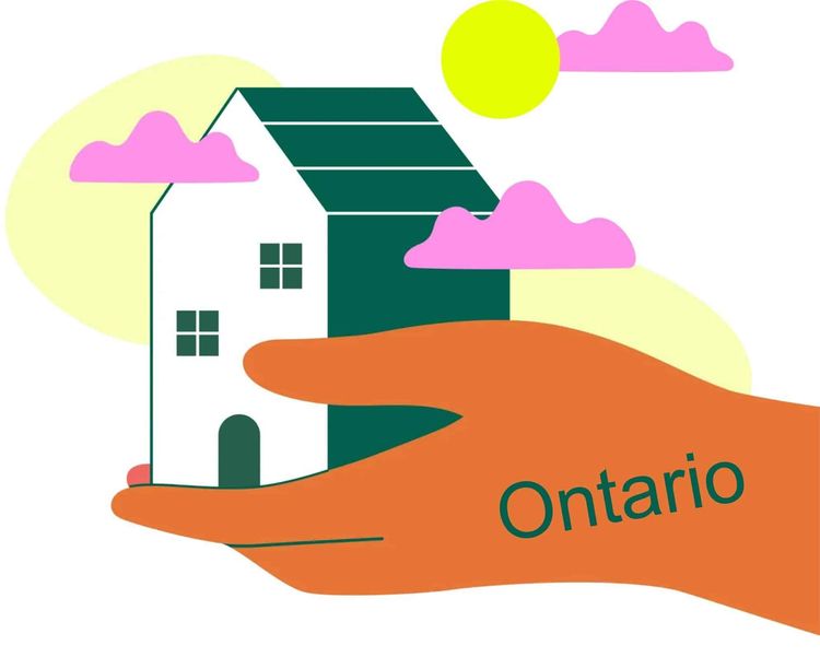 Illustration of a white house with a green roof, held by an orange hand with 'Ontario' on it, under a yellow sun and pink clouds.