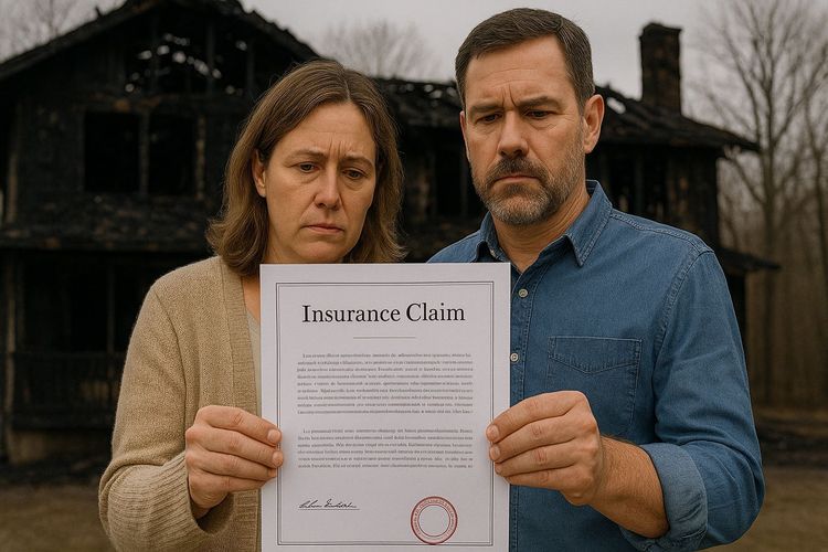 A distraught couple holds an "Insurance Claim" document in front of their fire-damaged home.