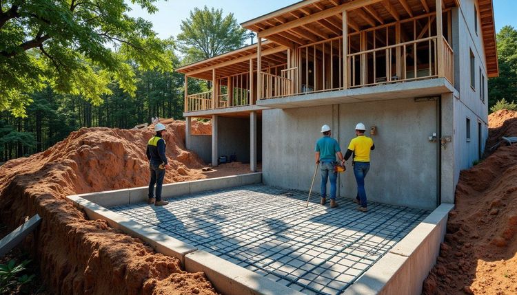 Three construction workers on a house building site. Rebar is laid for a concrete foundation in front of a framed house.