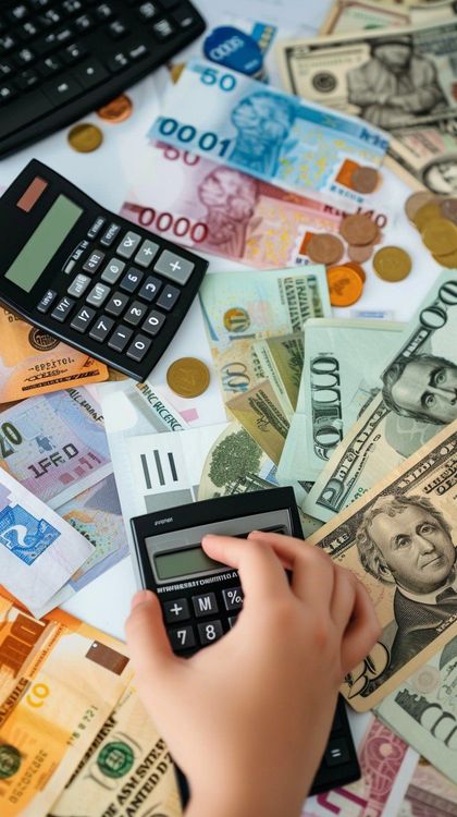 A hand uses a calculator amidst scattered banknotes and coins of various international currencies.
