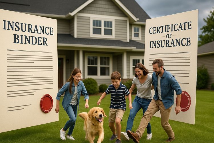 Happy family and golden retriever playing in front of a house, framed by "Insurance Binder" and "Certificate of Insurance.