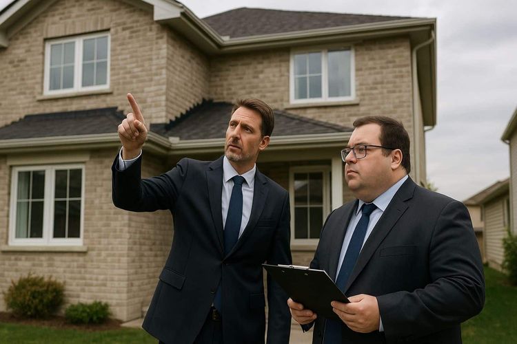 Real estate agent pointing at a house roof to a client holding a clipboard.