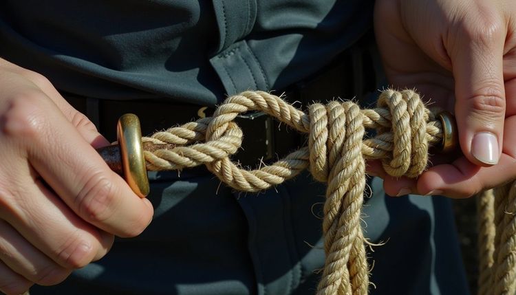 A person's hands secure a thick rope with multiple knots around a metal bar with brass rings.