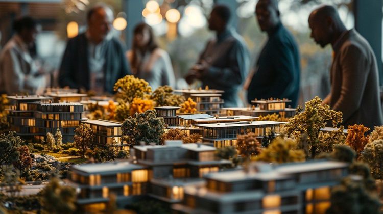 Detailed architectural model of a modern housing development with trees, viewed by people in the background.
