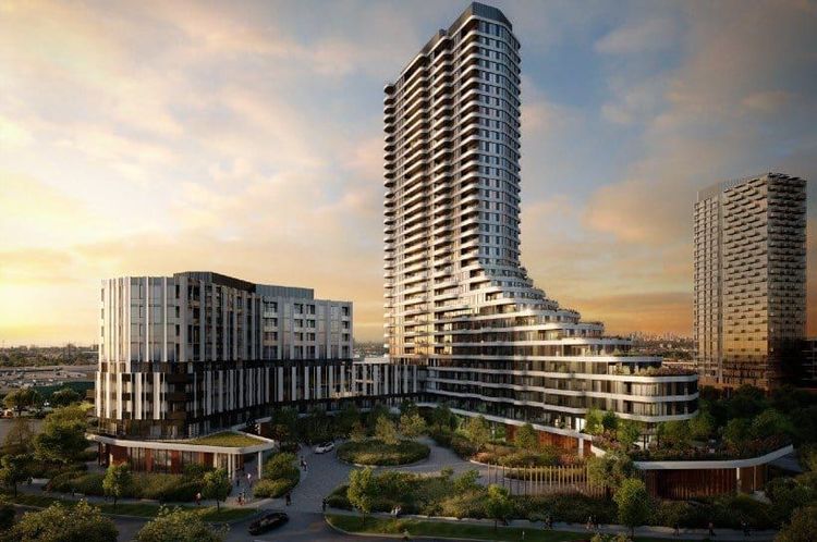 Modern urban complex with a tall, curved, terraced skyscraper, a smaller building, and extensive landscaping under a sunset sky.