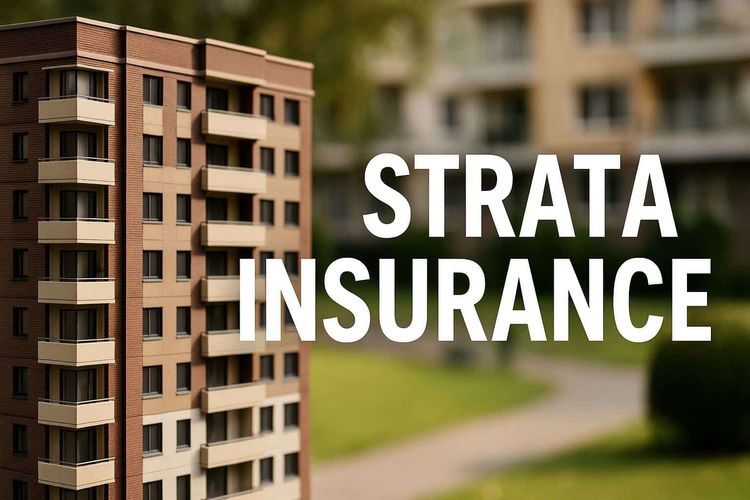 A model apartment building with STRATA INSURANCE in large white text.